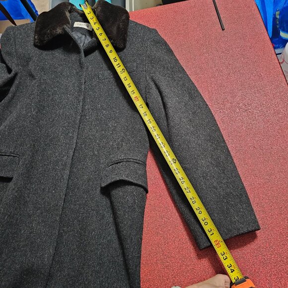 VTG Calvin Klein Merino Trench Coat Sz 14 Women Faux Fur Collar Quiet Luxury USA - Picture 12 of 13